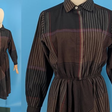 Vintage 80s Plaid Shirtdress - Eighties Medium Long Sleeve Shirtwaist Dress - 1980s Brown Plaid Day Dress 