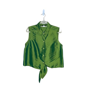 Vintage 90's Mesmerize Green Iridescent Shiny Silky Button Down Tie Waist Blouse Shirt, Size L 