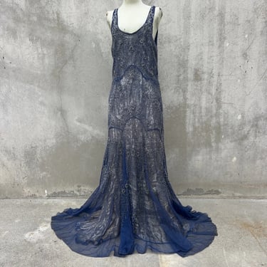Vintage 1930s Blue Beaded Net Dress Gold Lamé Liner Low Back Bias Cut Maxi Deco