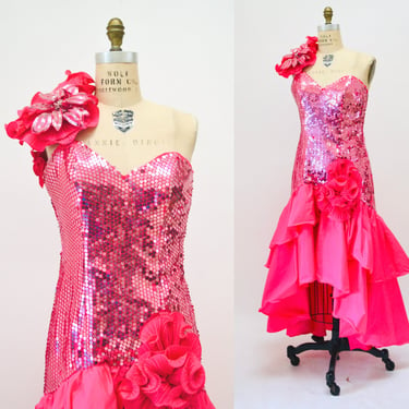 80s Vintage Prom Dress In Pink Sequins Medium // 80s Metallic Pink Sequin Party Dress Alyce Designs Medium Pageant Drag Barbie Pink Dress 