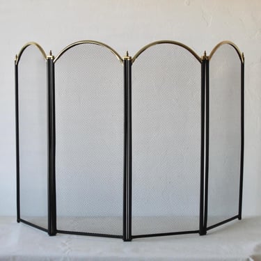 French Style Finials Brass Gold Black Mesh Fireplace Screen Vintage Mid Century Hollywood Regency 