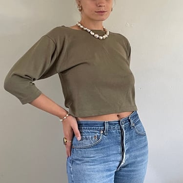 80s cotton tee / vintage Villager olive drab green boatneck quartered sleeve cropped combed cotton tee t-shirt | Medium 