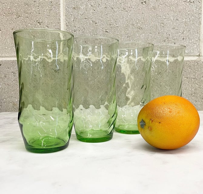 Joeyan Vintage Green Drinking Glasses,Embossed Colored Highball Glass Cups,Water Tumbler Glasses With Diamond Design,Glassware Set For Juice Beverages Cocktail Beer,12 Oz,Set Of 4,Dishwasher Safe