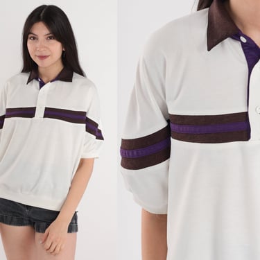 80s Striped Shirt White Polo Shirt Purple Faded Black Short Sleeve Banded Hem Button Neck Top Preppy Slouchy 1980s Vintage Mens Medium 