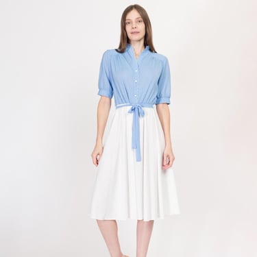 Medium 70s Blue & White Polka Dot Midi Dress | Vintage Two Tone Scalloped Trim Shirtdress 