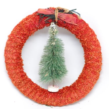 Large 9 Inch Antique 1940's Sisal Wreath with Christmas Tree,  Vintage MCM Retro 