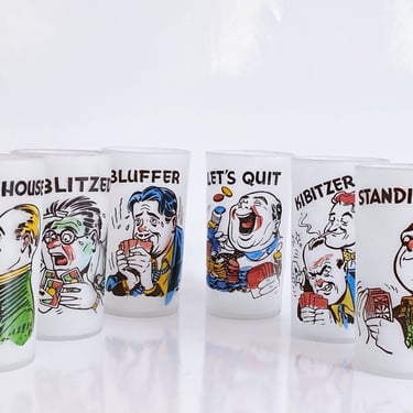 Mid Century barware, 6 Gay Fad bar glasses, Cartoon caricature poker faces, 1940s Novelty glassware Frosted glass drinkware 