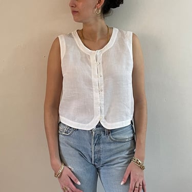 90s linen blouse / vintage white linen sleeveless cropped waistcoat crewneck blouse | Large 