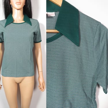 Vintage 70s Green Striped Collared Nylon Top Size M 