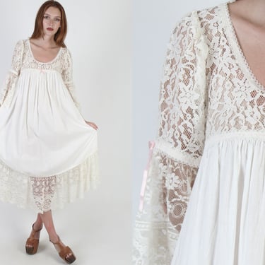 Thin Ivory Cotton Gauze Dress / Vintage 80s Edwardian Nightgown Dress / Sheer Floral Lace Scallop Bell Sleeve / Loose Lace Accent Maxi Dress 