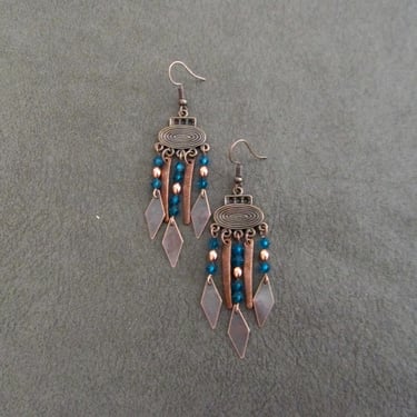 Long copper earrings, bohemian chandelier earrings, teal crystal earrings, gypsy earrings, ethnic boho earrings, artisan southwest earrings 