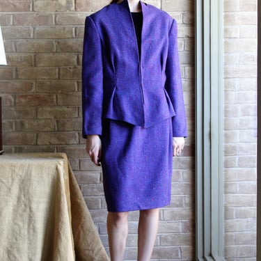 Geoffrey Beene, Vintage 1970s Peplum Suit, Purple Skirt Set, Wool Tweed, S/M Women 