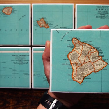 1937 Hawaii Map Coasters Set of 6. Vintage Hawaii Coasters. State Map Gift. Hawaii History. Honolulu Map. Oahu Gift. Maui Map Kauai Hawaiian 