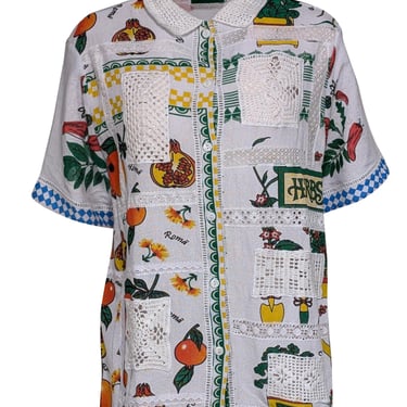 Eliou - White w/ Multicolor Fruit Print Crochet Patchwork Shirt Sz L