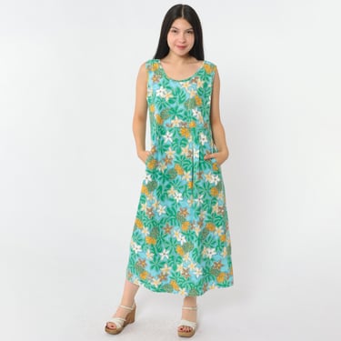 Vintage Hawaiian Floral Pineapple Dress Y2K Ron Jon Surf Shop Green Yellow Blue Tropical Sleeveless Pocket Midi 2000s Cotton Medium 
