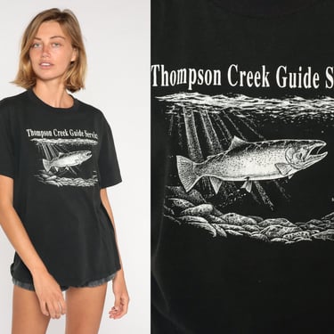 Trout Fishing Shirt 80s Thompson Creek Alaska T-Shirt River Guide Fish Fisherman Graphic Tee Tourist Black Vintage 1980s Large L 