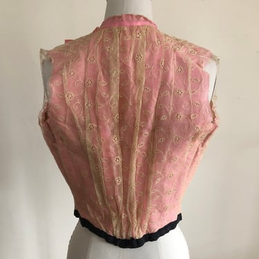 Sleeveless Pink Boned Bodice with Lace Overlay - Late 19th Century, 1890s 