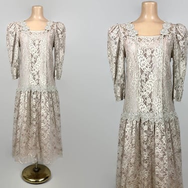 VINTAGE 80s does 20s Sheer Mocha Lace Romantic Drop Waist Dress by Cachet 9/10 | 1980s Flapper Dress | 1920s Gatsby Style Party Dress VFG 