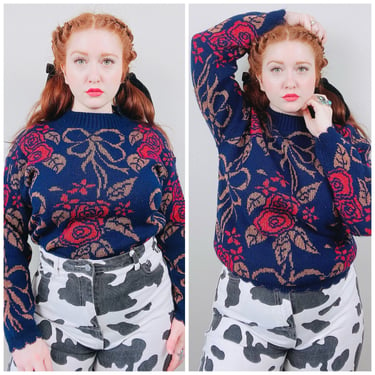 1980s Navy Acrylic Dana Scott Sweater / 80s Red and Gold Floral and Bow Knit Jumper / Size Large 