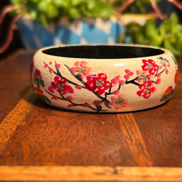 Hand Painted Wooden Bracelet Floral Motif Cherry Blossom Vintage Retro Fashion Jewelry 