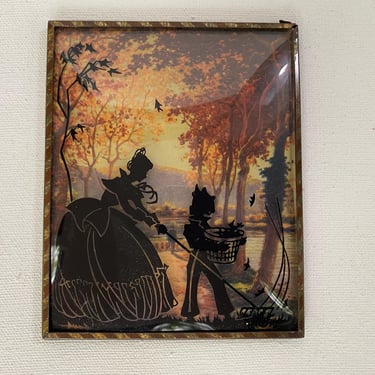 Vintage Reverse Silhouette Fall Scene, Mom And Son Raking Leaves, Autumn Leaves 