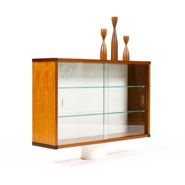 Danish Modern / Mid Century Teak Wall Mounted Bookcase / Display Cabinet — Glass sliding doors 