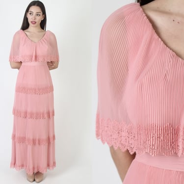 Sheer Salmon Color Miss Elliette Dress / Tiered Layered Thin Chiffon / Vintage 70s Ruffle Avant Garde / Unique Pleated Wedding Maxi 