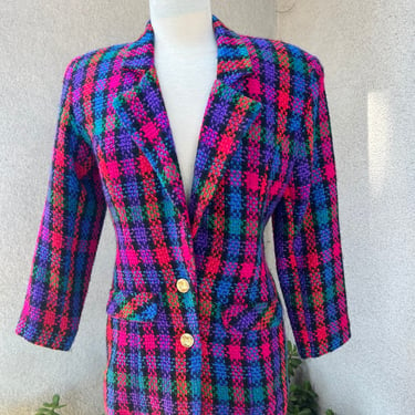 Vintage 80s plaid tweed blazer jacket colorful tones Sz Small by K. Kristopf Designs 