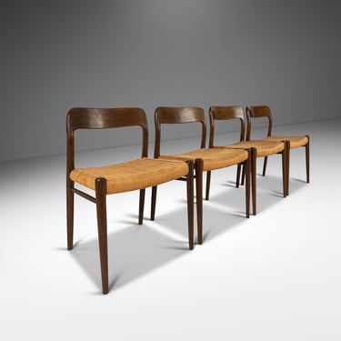 Set of Four ( 4 ) Niels Otto Moller Model 75 Dining Chairs for J.L. Mollers Mobelfabrik in Walnut Tinted Oak and Paper Cord, Denmark, 1960's 