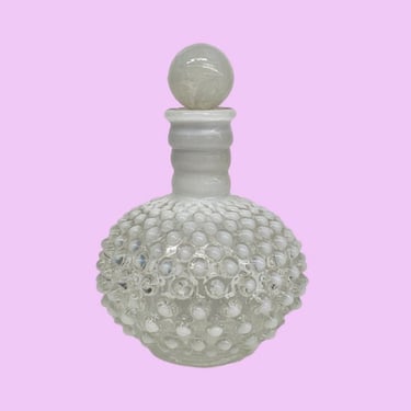 Vintage Fenton Perfume Bottle Retro 1960s Mid Century Modern + White Milk Glass + Hobnail Design + Cork Stopper + Vanity or Bathroom + Decor 