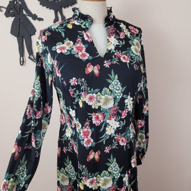 Vintage 1960's Floral Dress / 70s Polyester Day Dress XL 