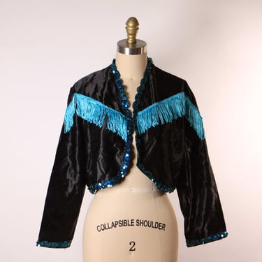 1980s Black and Blue Open Front Fringe Western Style Showgirl Burlesque Costume Jacket -M 