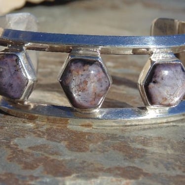Native American Sterling and Purple Stone Cuff Bracelet with Eagles at the Ends - 51 Grams 
