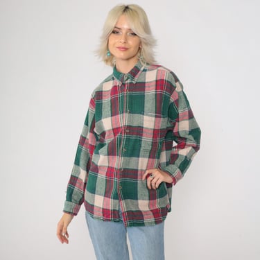 90s Flannel Shirt Green Pink Plaid Button up Retro Grunge Lumberjack Long Sleeve Beige Checkered Top Vintage 1990s Distressed Medium M 