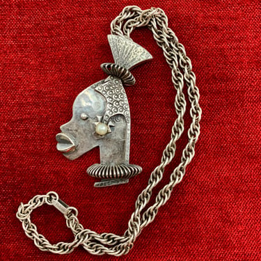 Vintage Ubangi Pendant Necklace in Silver - Woman with Pearl Earring - Francisco Rebajes  - Mid-Century Modernist 
