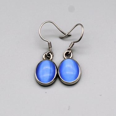 70's 925 silver blue cats eye minimalist dangles, sweet little oval chatoyant glass sterling earrings 