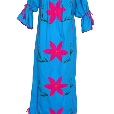 Vintage Mexican Maxi Dress, S/M Women, Turquoise, Hand Embroidered, Fuchsia Flowers 