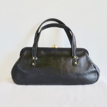 1960's Large Black Pebbled Leather Purse Bag Gold Metal Clasp and Hardware Top Handle Mod Style Sporty 60's Handbags Rockabilly 
