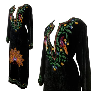 Vtg Vintage 1960s 60s Peacock Embroidered Black Velvet Boho Maxi Dress Kaftan 