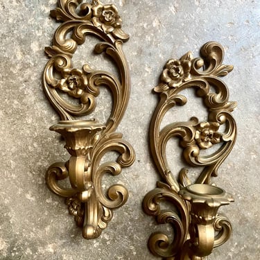 Vintage 1971 Pair of Hollywood Regency Candle Holder Wall Sconces Plastic Resin Gold Ornate Flourish | Homco Made in USA Wall Deco 