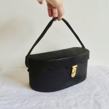 1950's Black Suede Box Purse Top Handle Gold Clasp Hardware Rockabilly Swing 50's Handbags Mam'selle New York 