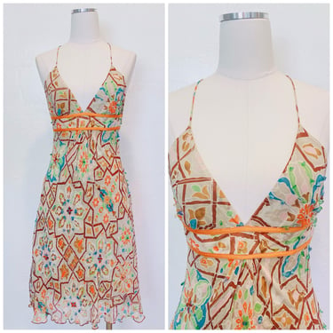 Y2K Vintage Taupe Floral Silk Sundress / Diane Von Furstenberg Plunging Neck Beaded Dress / Size Small - Medium 