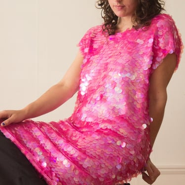 1990s Norma Kamali Pink Paillette Knit Dress 