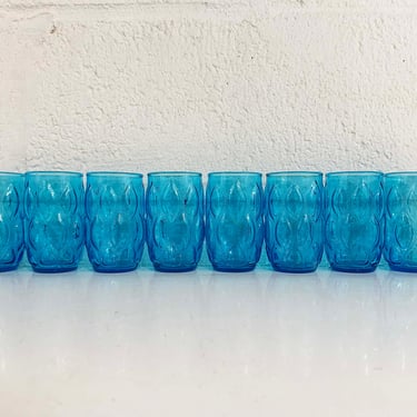 Vintage Aqua Blue Glasses Teal Juice Mini Glass Mid-Century Glassware Set of 8 Serving Anchor Hocking Diamond Madrid Pattern 1970s 