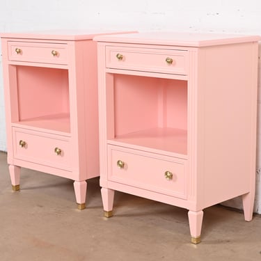 Kindel Furniture French Regency Louis XVI Pink Lacquered Nightstands, Newly Refinished