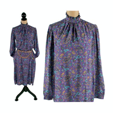 80s Boho Purple Paisley Dress Medium, High Neck Long Sleeve Polyester Midi with Pockets, Cute Modest 1980s Clothes Women Vintage JORDACH 