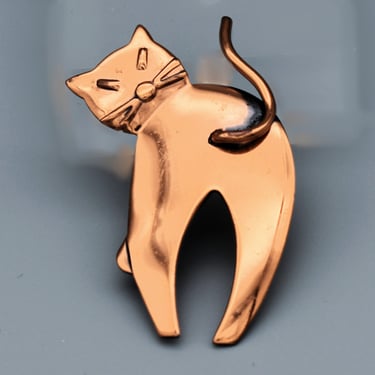 60's Modernist copper cat butt brooch, abstract fired metal rear view kitty kitsch pin 