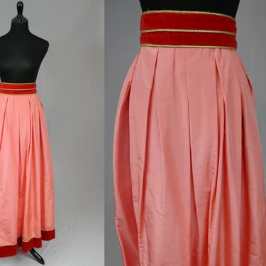 70s 80s Pink Mignon Formal Skirt - 29" waist w/ belt 31.5" w/o - Red Velvet Gold Braid Trim - Pleated - Vintage 1970s 1980s - M 