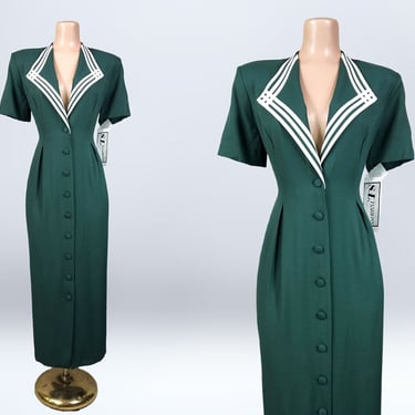 VINTAGE 80s does 40s Hunter Green Rayon Nautical Pencil Dress By SL Fashions NWT Size 8 | 1980s Sexy Wiggle Pin-Up Sailor Dress | vfg 