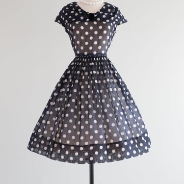 Fabulous 1950's Navy Blue Polka Dot Day Dress / Medium